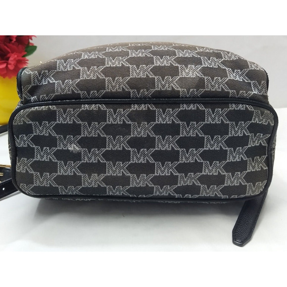 Michael Kors Brown Canvas Leather Trim MK Printed Top Zipper Closure Backpack - Picture 6 of 16